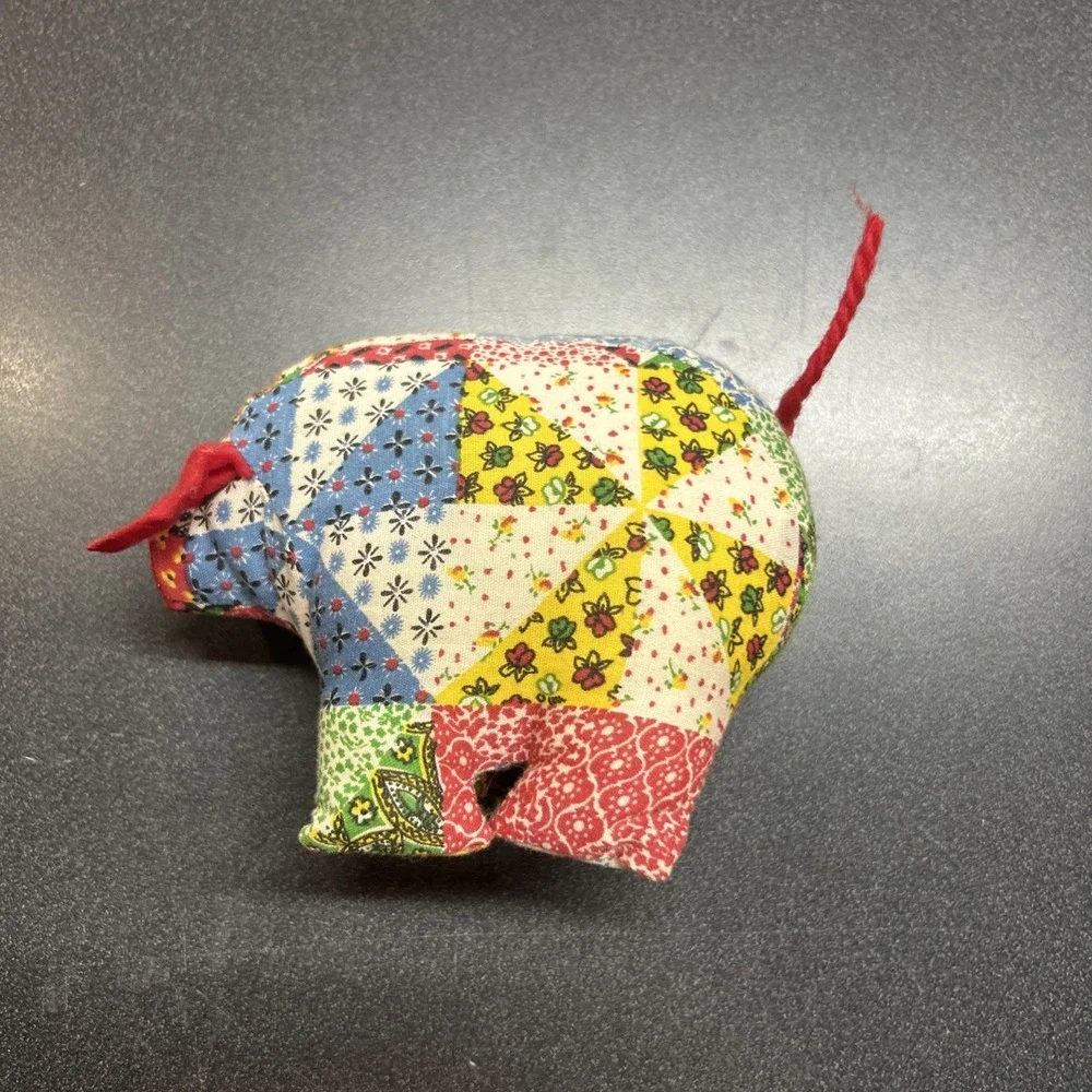 Vintage 70s Handmade Quilted Animal Pig Multicolored Soft Boho MCM Decor